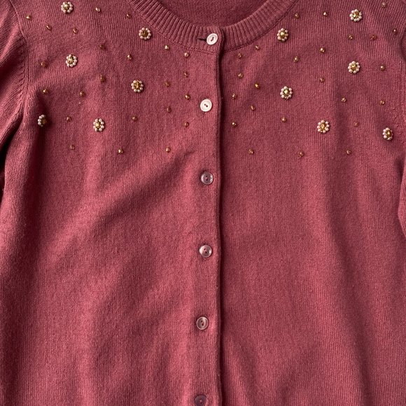 Calypso Dusty Rose Pink Cashmere Cardigan Sweater with Faux Pearls, Size M. - Picture 2 of 6